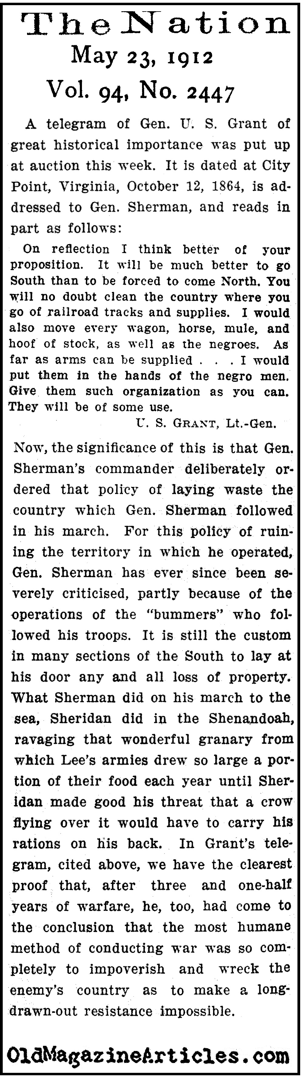 An Historic Telegram Addressed to General Sherman  (The Nation, 1912)